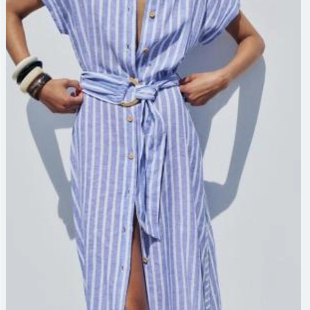 Zara Striped Linen Belted Shirt Dress